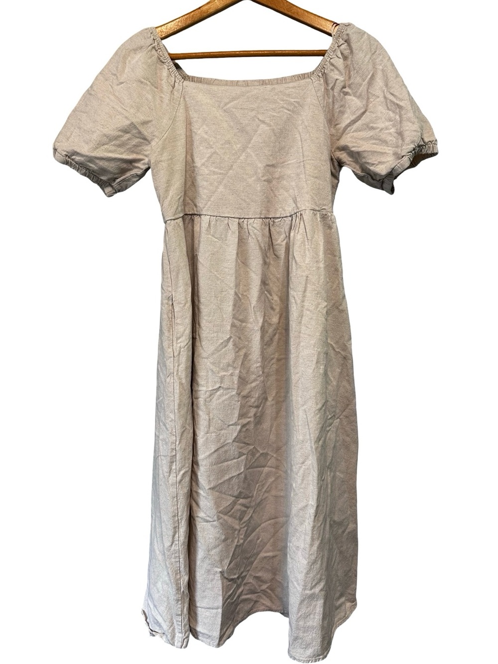 Mod Ref Linen Blend Puff Sleeve Babydoll Midi Dress M Neutral Beige Cottagecore